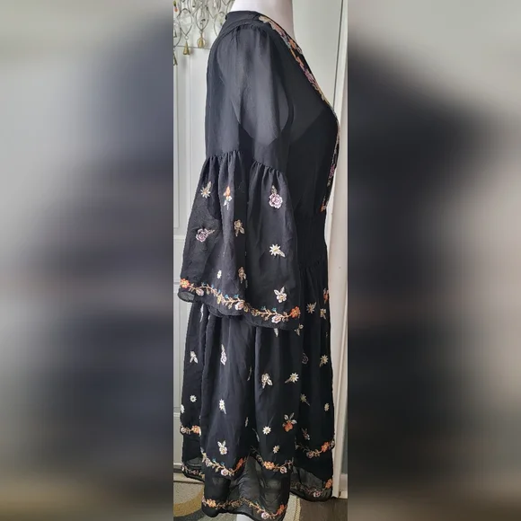 Anthropologie Maeve Anfisa Floral Embroidered Chiffon Mini Dress Womens 2 Black - Picture 5 of 16